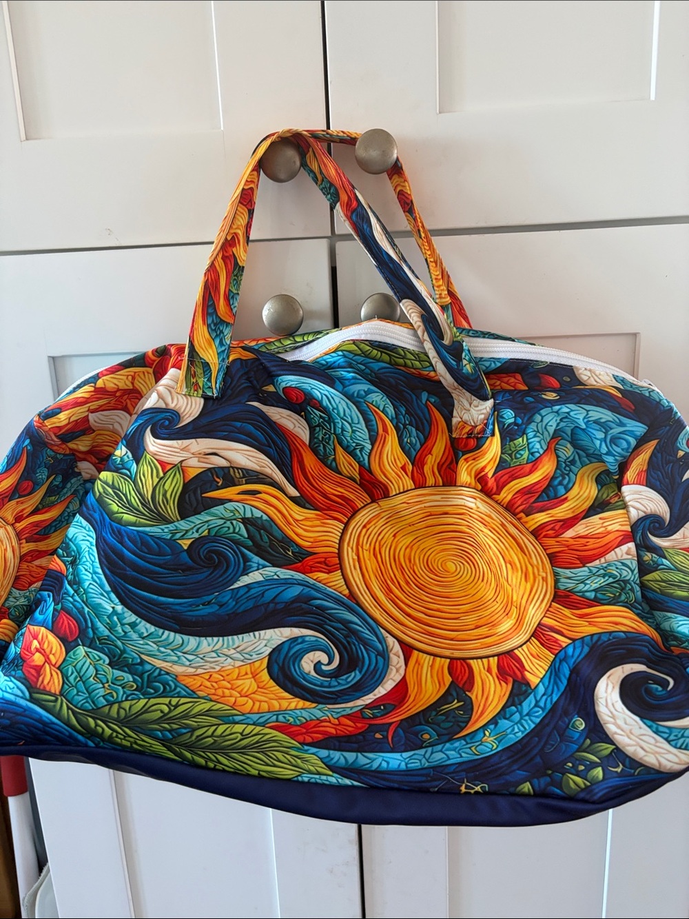 Vibrant Sunburst Pattern Quilted Travel Tote - Blue & Yellow Large New Gorgeous